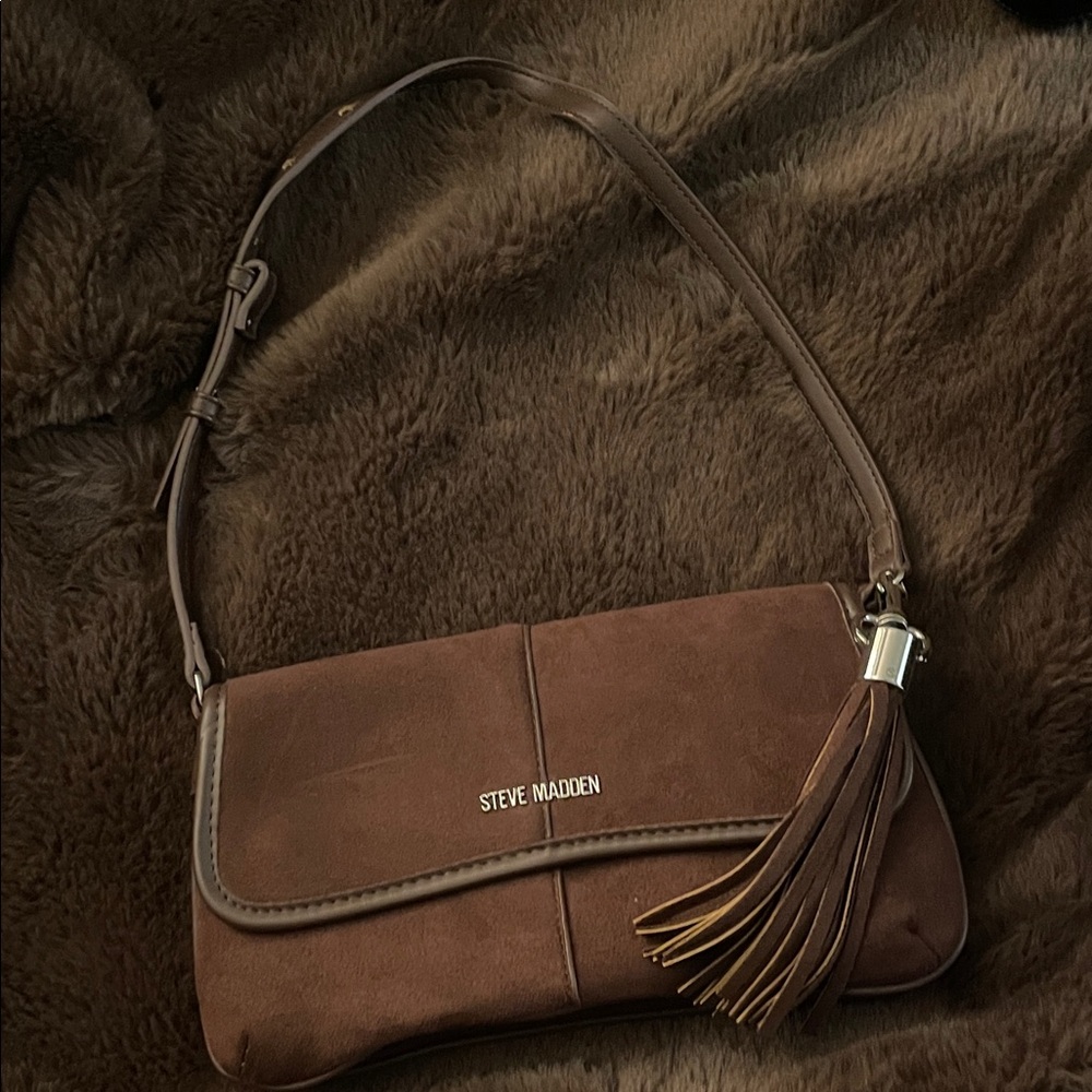 Steve Madden Chocolate Brown Suede Shoulder Bag with Tassel